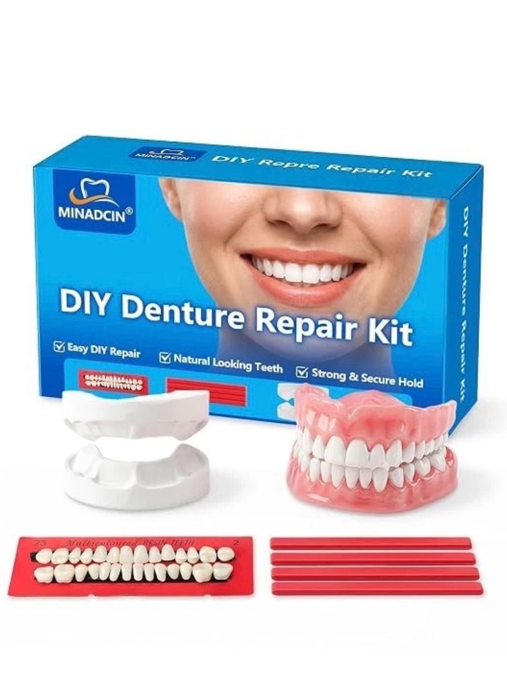 New Open Box MINADCIN DIY Denture Kit for Home Use Upper & Lower FakeTeeth Set
